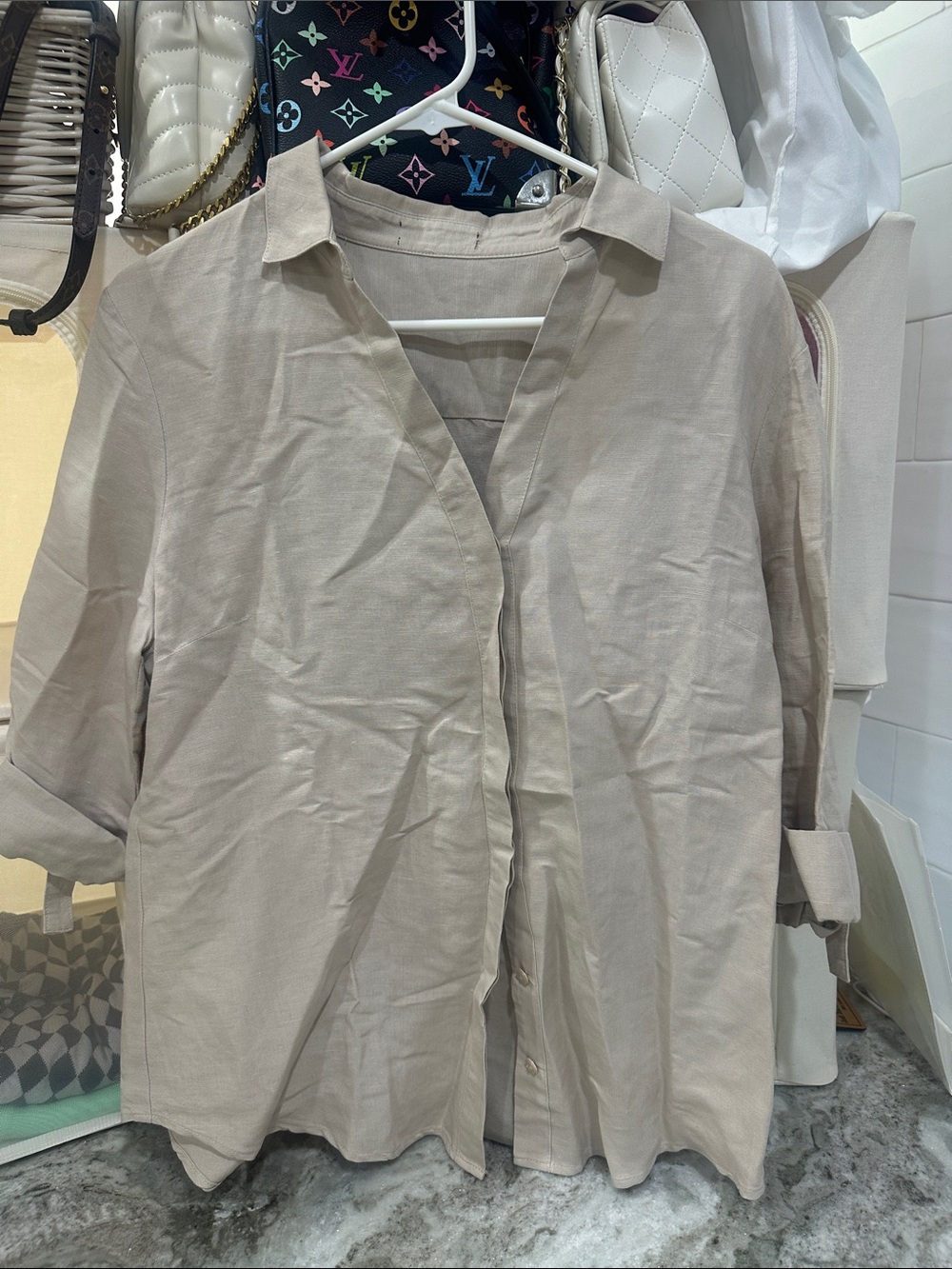 Women's Beige Button-Front Linen Shirt Medium